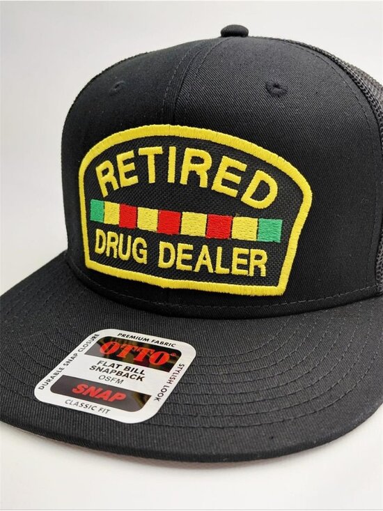 Retired Drug Dealer Hat - Yupoong Flat Bill Snapback - USA Made Patch Cap Funny